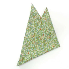 Songbird Garden pocket square with birds and foliage on a light background, 100% cotton.