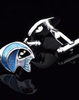 Blue Enamel Fish Cufflinks in Silver-Tone Copper