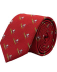 Skiing Santa Red Christmas tie rolled up - red polyester tie woven with Father Christmas on green skis