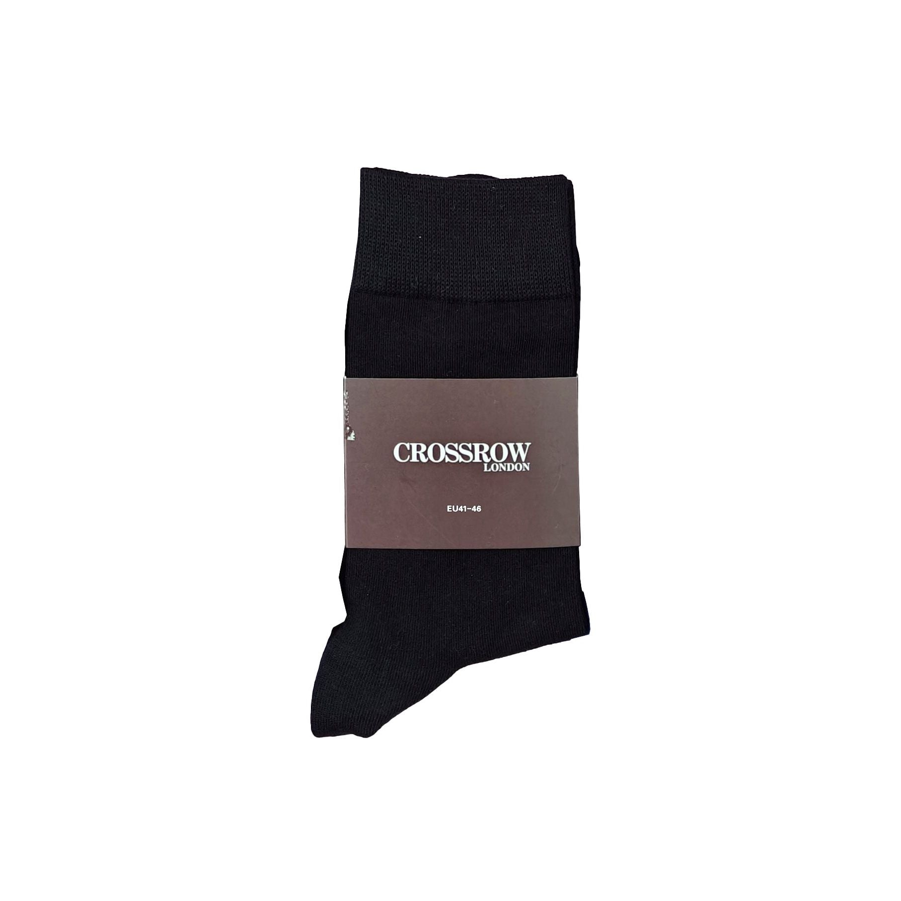Classic Black Organic Cotton Socks folded with a brown Crossrow London label, made for comfort and durability.