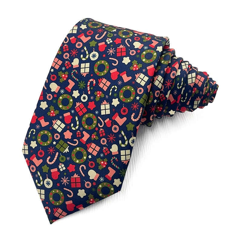 Navy polyester tie featuring Christmas gifts, wreaths, and candy canes, perfect for festive holiday parties.