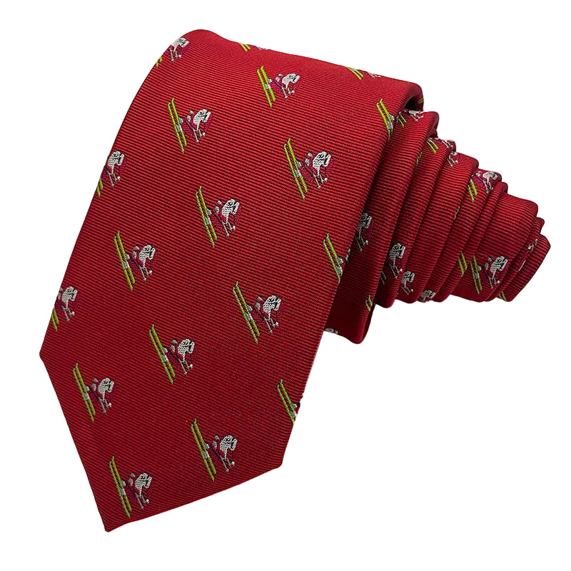 Skiing Santa Red Christmas tie - red polyester tie woven with Father Christmas on green skis