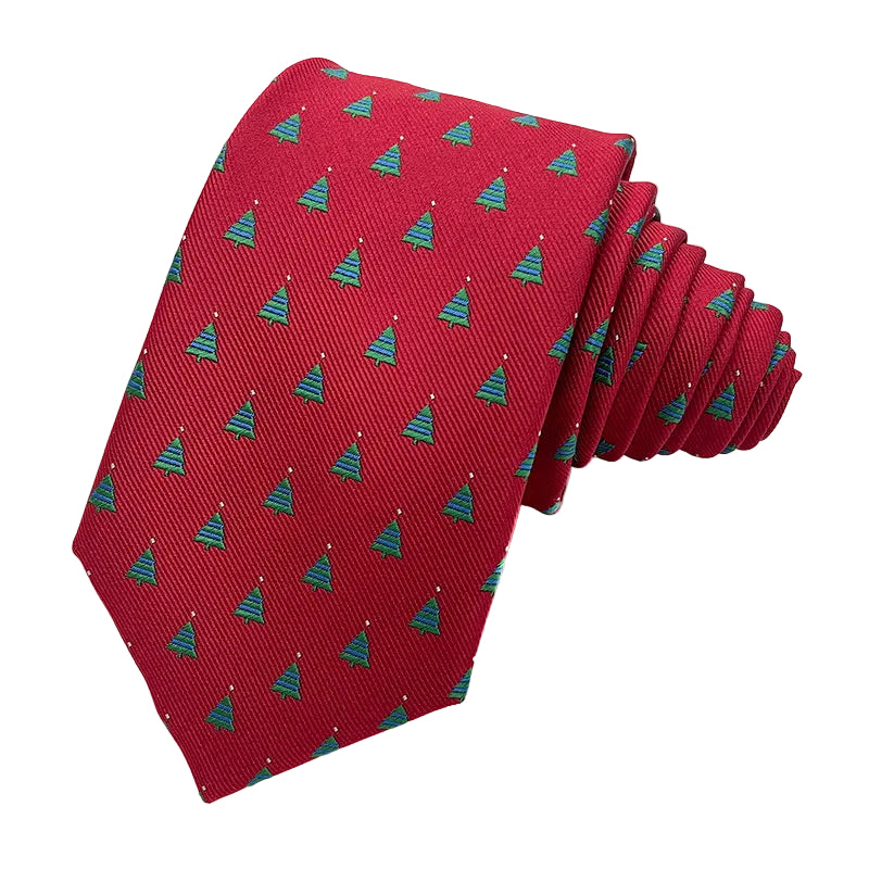 Christmas Tree Red tie - red polyester tie woven with green and teal fir trees