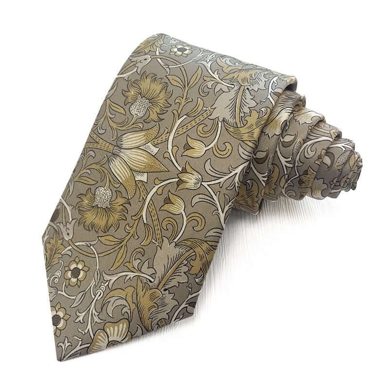 Victorian Blossom floral polyester tie in gold and beige, featuring intricate vintage patterns for formalwear.