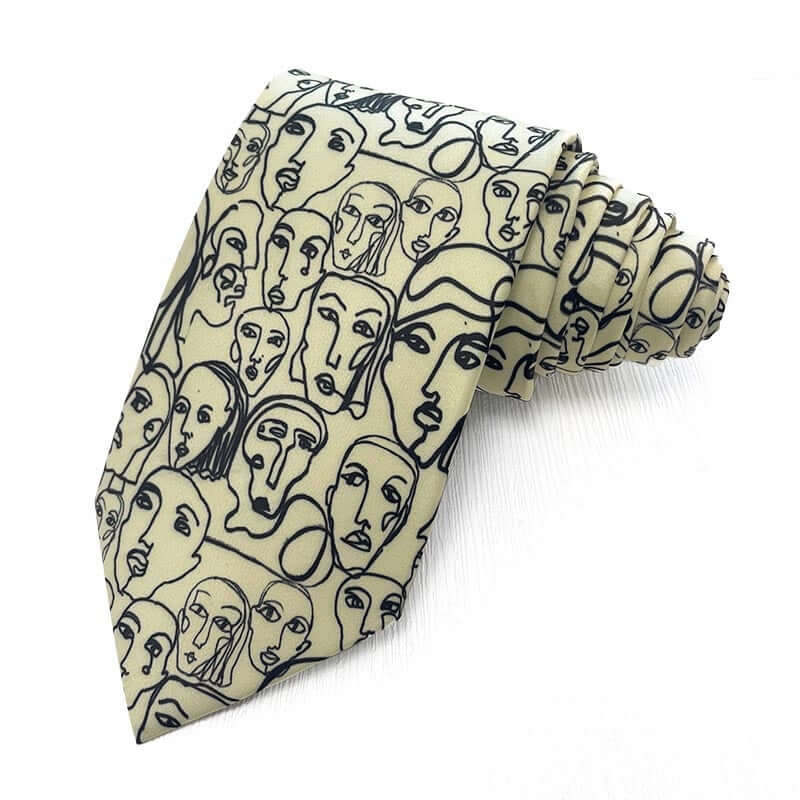 Abstract Faces Beige Polyester Tie