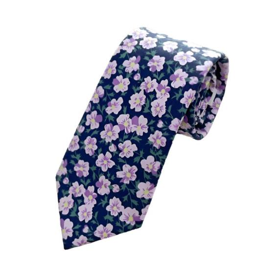 Lilac Grove tie with delicate lilac flowers on a deep navy background.