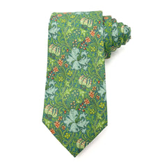 Golden Lily Verdant men's tie featuring a green floral pattern with blue lilies and red blossoms, perfect for formal occasions.