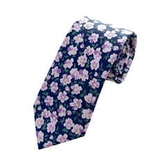 Lilac Grove tie with delicate lilac flowers on a deep navy background.