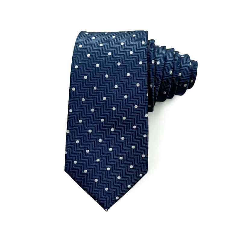 Classic Herringbone Polka Dot Men's Silk Tie in navy with white dots, made from 100% pure mulberry silk.