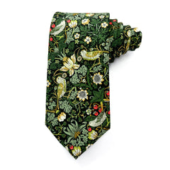 Strawberry Thief Forest Green Liberty Tana Lawn cotton tie, William Morris bird-and-strawberry print on a forest green ground.