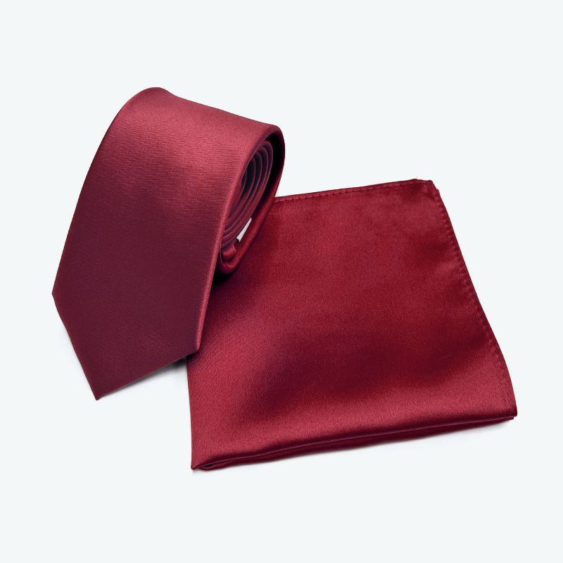 Burgundy - Solid sateng polyester slips &amp; lomme firkantet sett