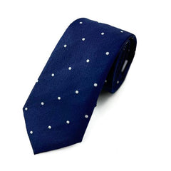 Classic navy polka dot men's silk tie in pure mulberry silk, perfect for formal and smart-casual occasions.