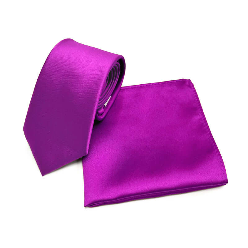 "Fuchsia Solid Satin Polyester Tie and Pocket Square Set for formal occasions"