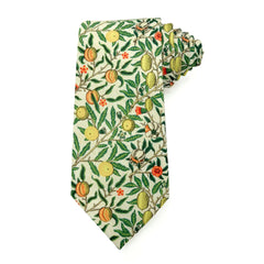 Pomegranate Ivory men's tie featuring William Morris design with lush foliage and vibrant fruits in ivory and green.