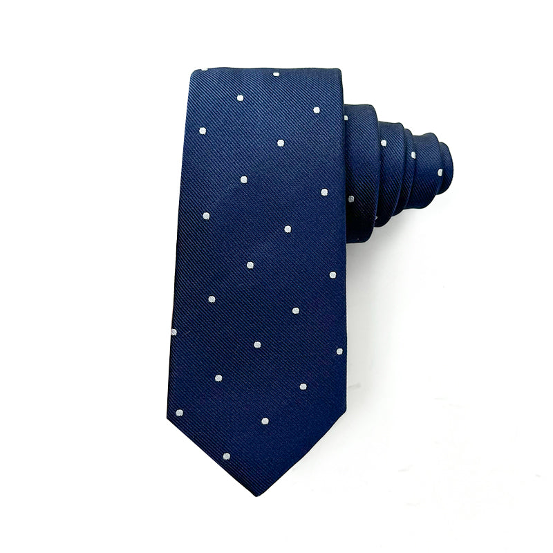 Classic Navy Polka Dot Men's Silk Tie - Pure silk with white polka dots on a rich navy background, ideal for formal occasions.