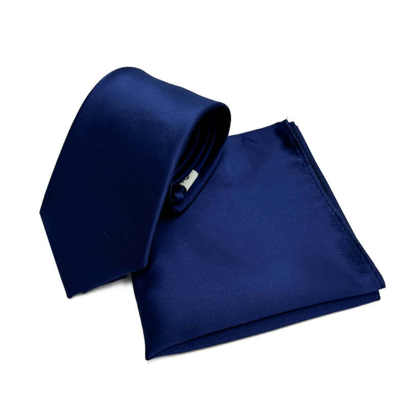 Navy Blue Solid Satin Polyester Tie and Pocket Square Set for Formal Event