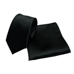 Black - Solid Satin Polyester Tie & Pocket Square Set