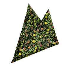 Pomegranate Noir Pocket Square featuring vibrant green foliage and golden fruit on a black background.