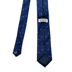 Classic Navy Polka Dot Men's Silk Tie in jacquard woven pure silk with white polka dots, perfect for formal or smart-casual occasions.