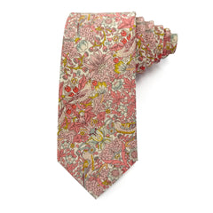Strawberry Thief Pink Liberty Tana Lawn cotton tie, William Morris bird-and-strawberry print on a pink ground.