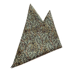 Willow Noir pocket square featuring intricate black and sage-green leaf pattern on a noir background.