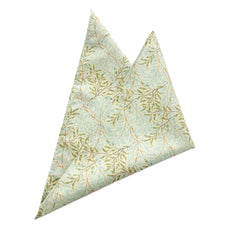 Willow Mist Pocket Square with sage-green leaves on a pastel background, perfect for spring and summer events.