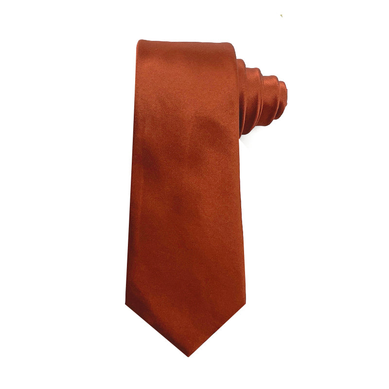 Burnt orange men's silk tie made from pure mulberry silk, showcasing a luxe sheen for formal occasions.