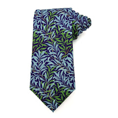 Willow Azure men's tie featuring William Morris's design in navy and vibrant blue-green hues, perfect for formal occasions.