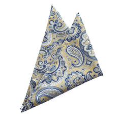 Regal Paisley Pocket Square featuring a blue and gold paisley design on beige, perfect for formal or business outfits.