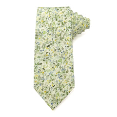 Wildflower Whisper men's tie with cream base and botanical details in greens, yellows, and blues for formal and casual occasions.