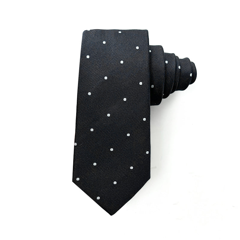 Black polka dot Jacquard silk tie for men, featuring small white dots on a pure silk background, ideal for formal or casual wear.