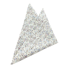 English Garden Mist Pocket Square with blue and lilac floral pattern on a soft neutral background.