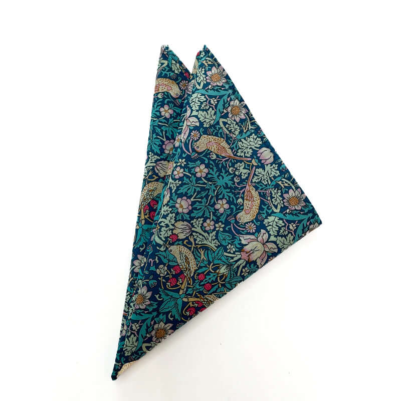 William Morris Strawberry Thief Cotton Pocket Square with intricate bird and floral design on a teal background