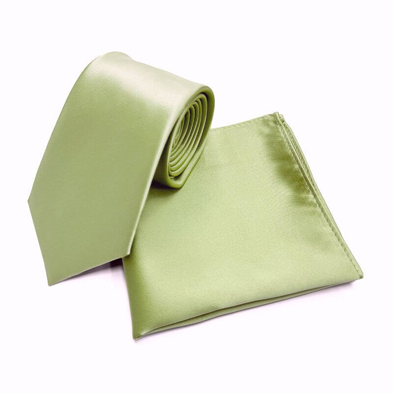 Sage Green Solid Satin Polyester Tie and Pocket Square Set for formal occasions.