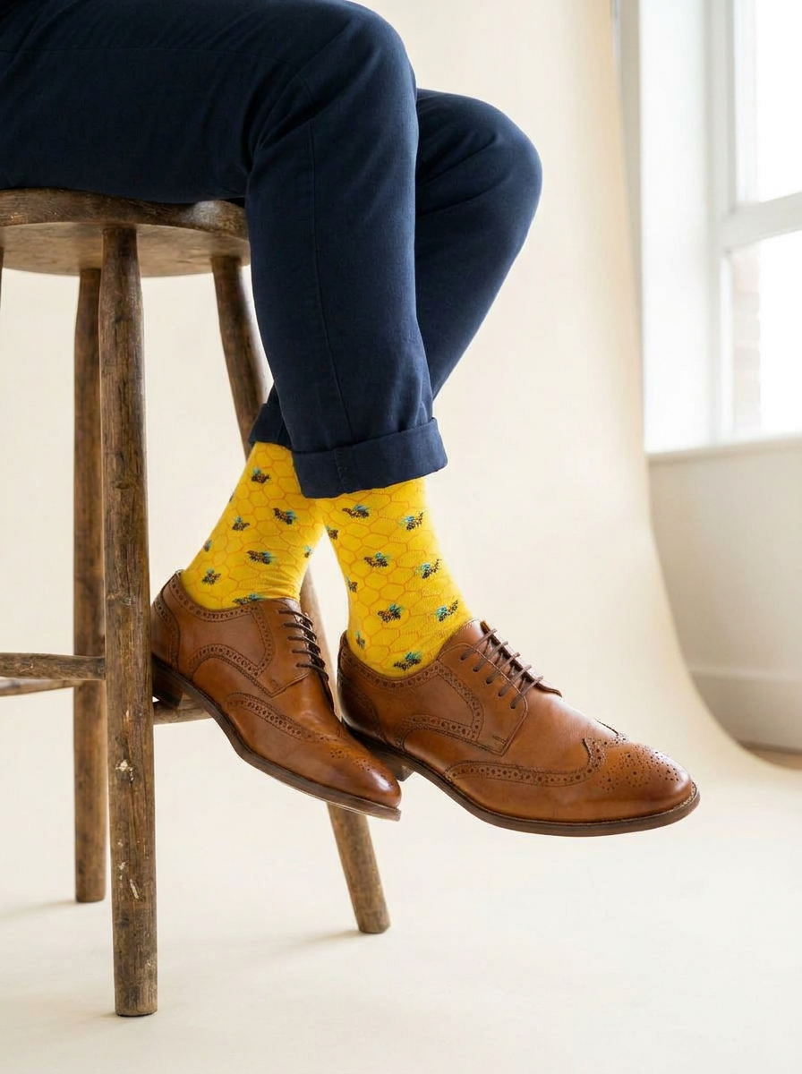 Honeybee Haven Organic Cotton Socks worn with cuffed navy chinos and tan brogues