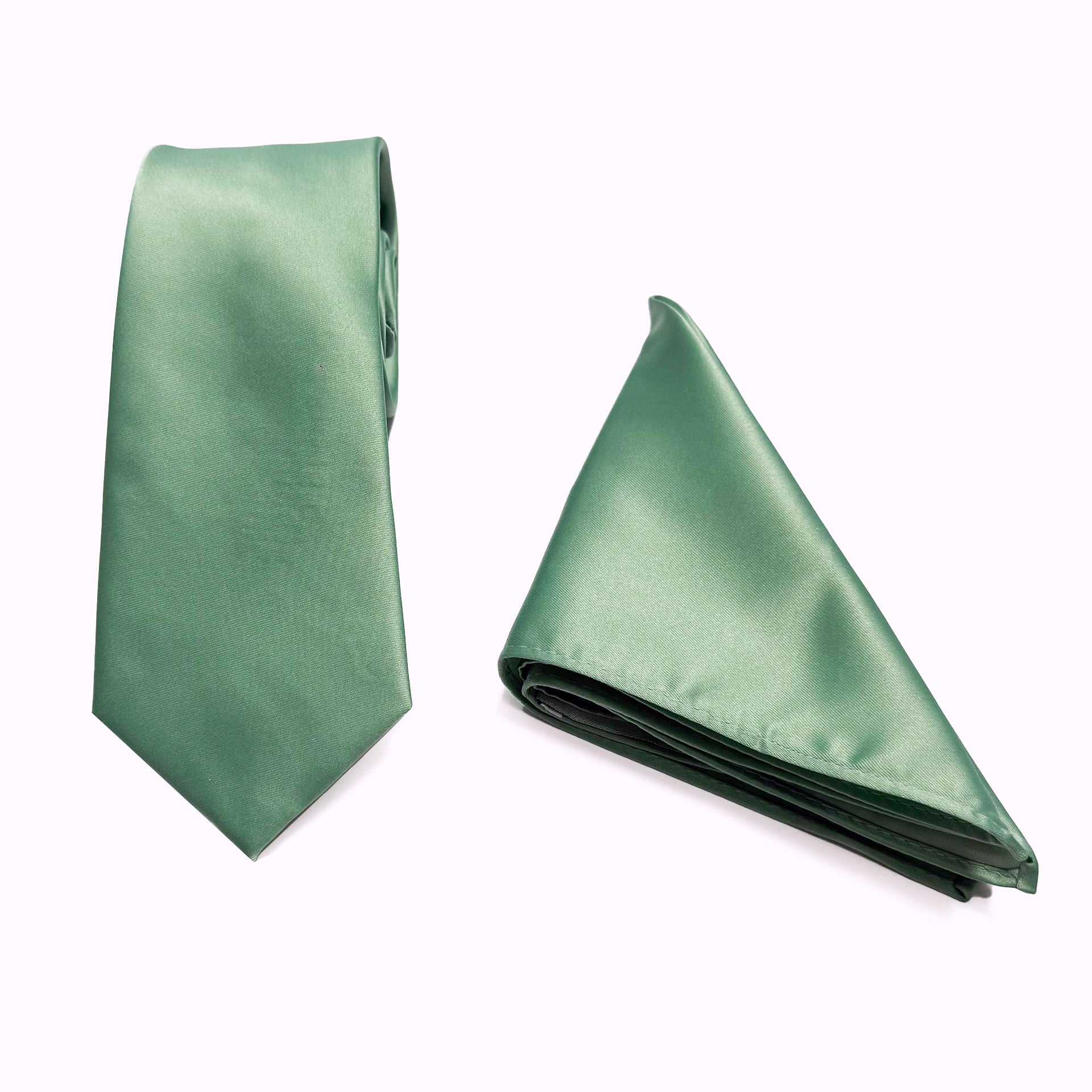 Sage Green - Satin Polyester Tie &amp; Pocket Square Set