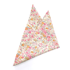 Cotswold Bloom - Pocket Square with delicate pink, peach, and grey floral print on premium cotton fabric.
