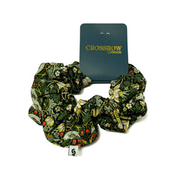 Strawberry Thief Green Liberty print cotton scrunchie, William Morris bird-and-strawberry design.