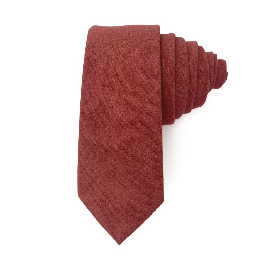 Dark red tie, 3" wide, 58" long, 100% cotton.