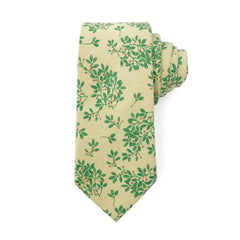 Kew Gardens tie with green foliage on a beige background, 3 inches wide, 58 inches long, 100% cotton.