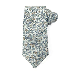 Azure Bloom men's tie featuring a delicate floral pattern in shades of blue and soft earth tones, elegantly rolled and laid flat, perfect for adding style to formal or casual attire.