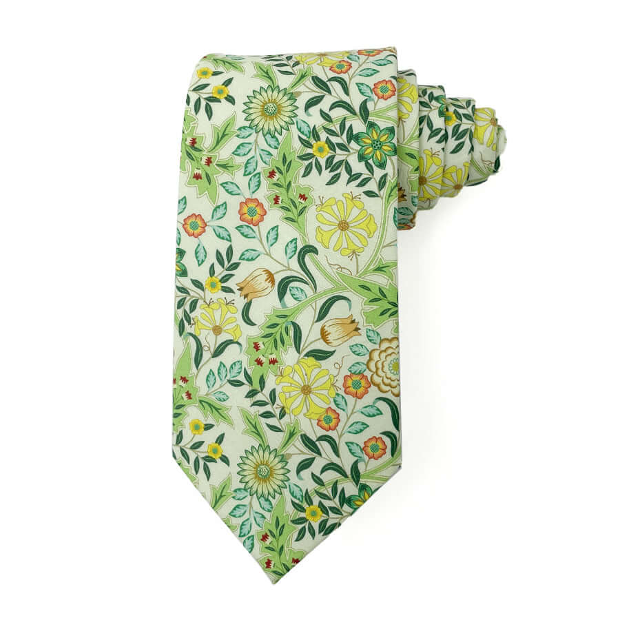 William Morris Wilhelmina Green tie with green and yellow floral pattern, 3 inches wide, 58 inches long, 100% cotton.