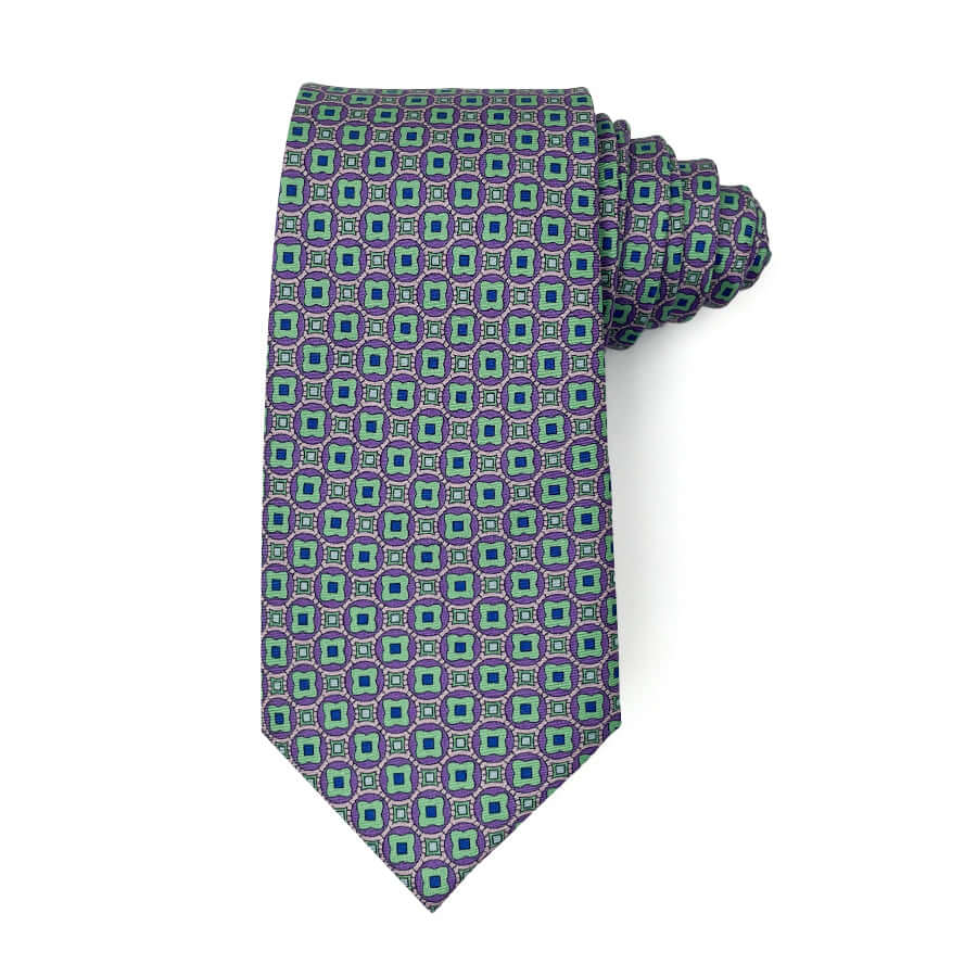 Piccadilly Pop silk tie with a geometric pattern in green and purple, 100% silk.