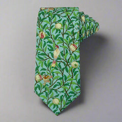 William Morris tie with green foliage and bird design, 3" wide, 58" long, 100% cotton.