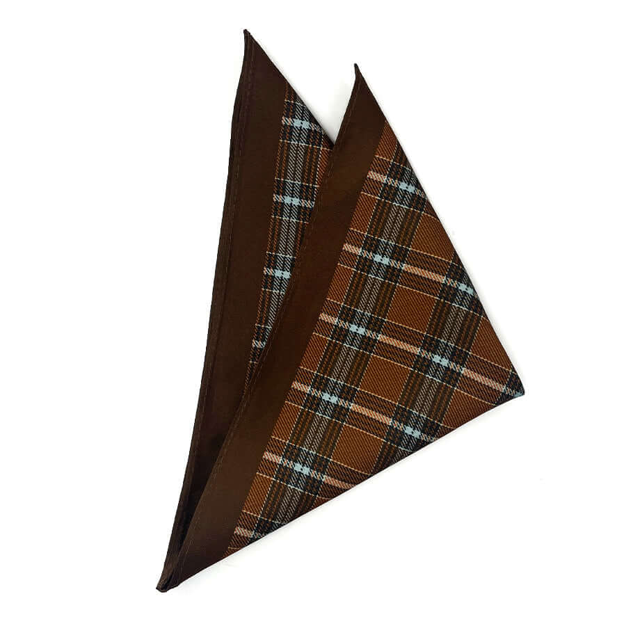 Highland Charm pocket square with a classic brown tartan pattern.