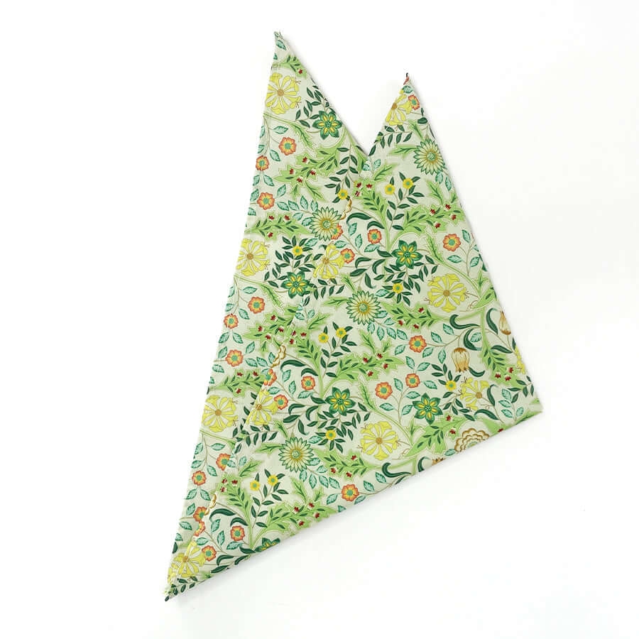 Wilhelmina Green pocket square with green and yellow floral pattern, 100% cotton.