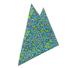 Pomegranate Grove pocket square with yellow and pink pomegranates on a blue background, 100% cotton.