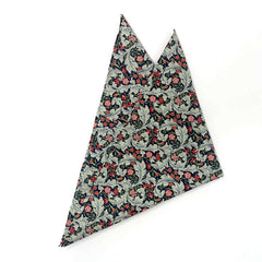 Leicester Royale pocket square with red and green foliage on a dark background, 100% cotton.