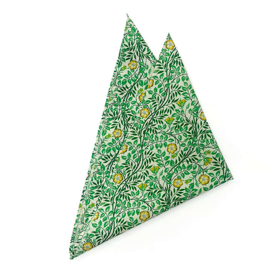 Sweet Briar pocket square with green foliage and yellow floral pattern, 100% cotton.