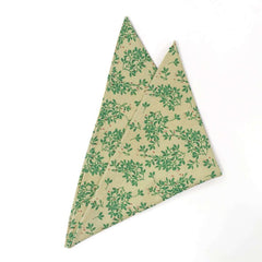 Kew Gardens pocket square with green foliage on a beige background, 100% cotton.
